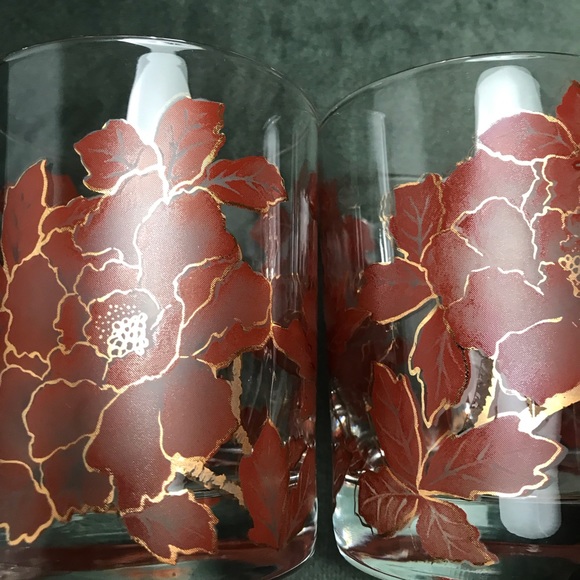 Retro Style Vintage Gold Trim Floral Design Old Fashioned Glasses Heavy Bottom - Picture 9 of 16